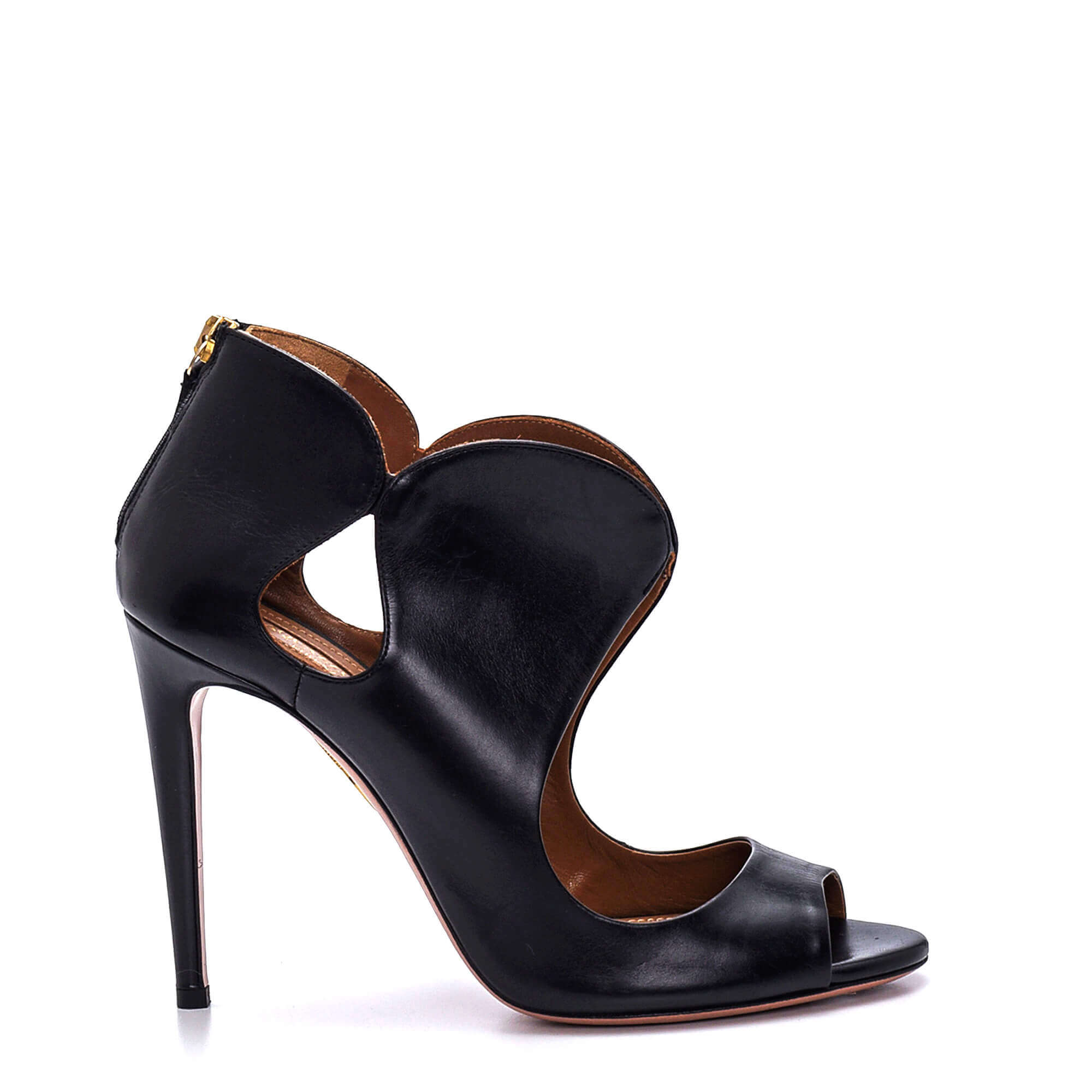 Aquazzura - Black Leather Cut Out Peep Toe Elle Sandals